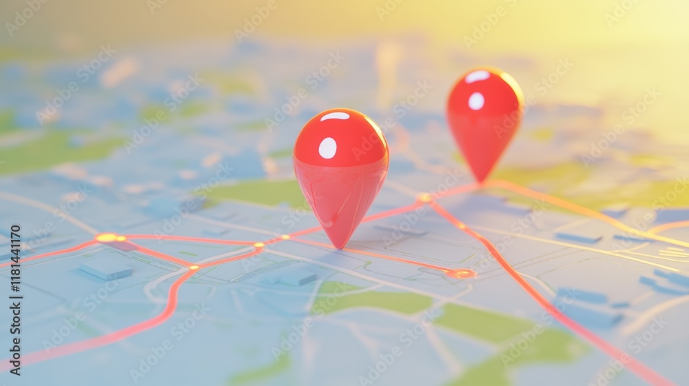 Red location pins marking a route on a digital map, representing gps navigation and the advancements of online mapping technology in modern travel and exploration Red location pins marking a route on a digital map, representing gps navigation and the advancements of online mapping technology in modern travel and exploration