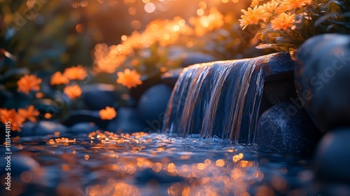 Serene garden fountain surrounded by blooming flowers at sunset