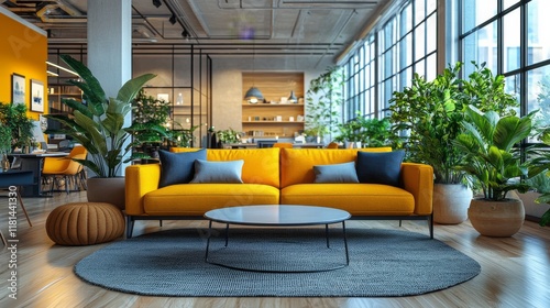 Bright orange sofa in a cozy indoor space with plants and wooden accents