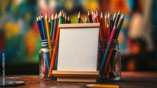 Colorful art supplies arranged on a wooden table with vibrant canvas in the b...