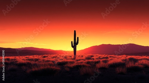 Majestic sunset over a desert landscape featuring a lone cactus silhouette
