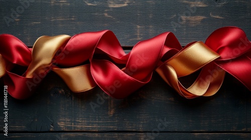 Gift wrapping accessories with red and gold ribbons on a wooden surface