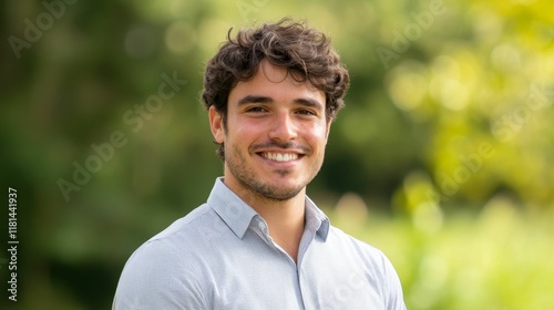 Smiling young man, light shirt, blurred green background.