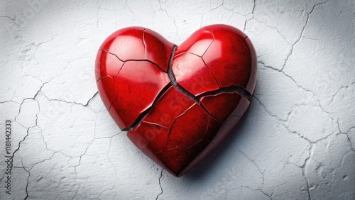 Shattered heart, panoramic view; white backdrop amplifies the emotional pain, heartbreak wallpaper. photo