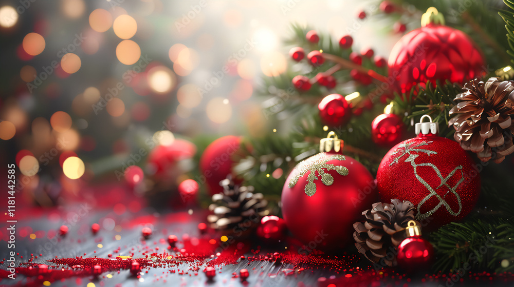 Festive Red Christmas Ornaments and Pine Cones on Holiday-Themed Background, Bokeh Lights, Cozy Winter Decoration Festive Red Christmas Ornaments and Pine Cones on Holiday-Themed Background, Bokeh Lights, Cozy Winter Decoration