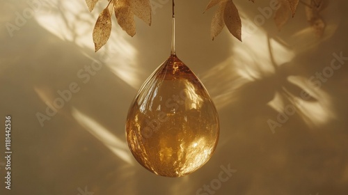 Crystal droplet hanging from a branch in soft golden light during autumn afte...