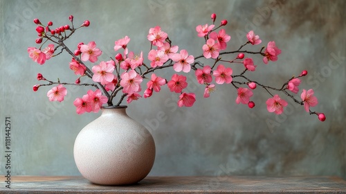 Cherry blossom branches in a vase on a wooden table against a textured wall