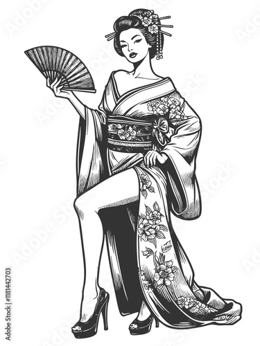  graceful geisha in traditional attire, adorned with flowers and hairpins, holding a decorative fansketch engraving generative ai vector illustration. Scratch board imitation. Black and white image.