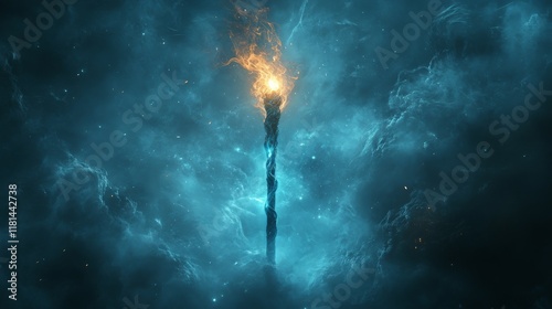 Flame ignites from a mystical torch surrounded by ethereal smoke in a dark se...