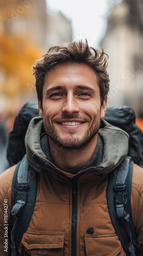 Young man smiles while walking through a busy urban street filled with people...