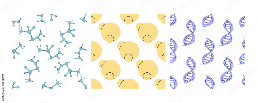 Fototapeta premium Seamless patterns with molecules, abstract circles, and DNA strands in flat doodle style