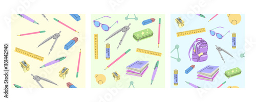 Seamless patterns with school supplies, compasses, rulers, and books in flat doodle style