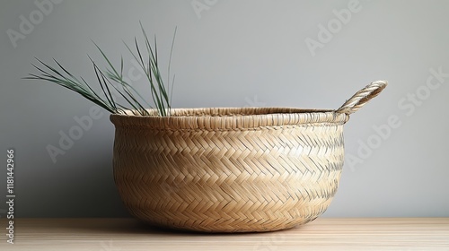 Woven rattan bowl placed on a wooden surface against a plain wall in a well-l...