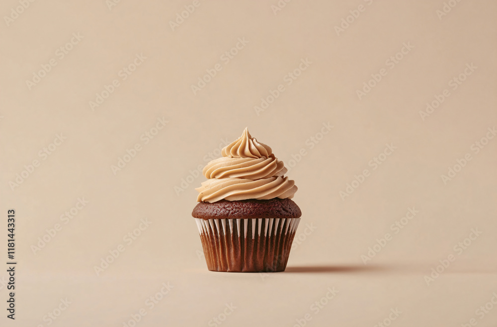 Chocolate cupcakes muffin with mocha mousse cream on a beige background. Design template for advertising sweets, pastries and cards for party, birthday and Valentine's day with place for text Chocolate cupcakes muffin with mocha mousse cream on a beige background. Design template for advertising sweets, pastries and cards for party, birthday and Valentine's day with place for text
