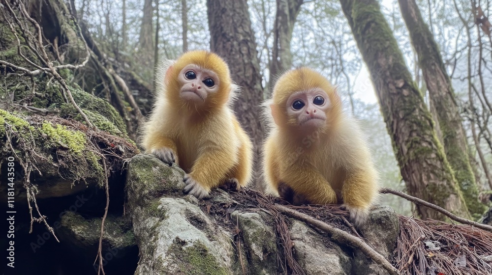 Naklejka premium Precious Golden Baby Monkeys in a Forest