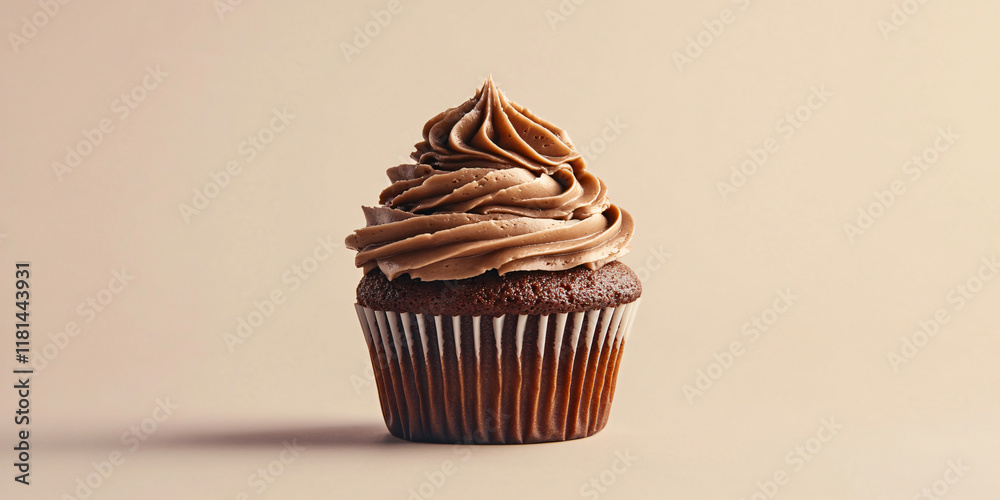 Chocolate cupcakes muffin with mocha mousse cream on a beige background. Banner template for advertising sweets, pastries and cards for party, birthday and Valentine's day with place for text Chocolate cupcakes muffin with mocha mousse cream on a beige background. Banner template for advertising sweets, pastries and cards for party, birthday and Valentine's day with place for text