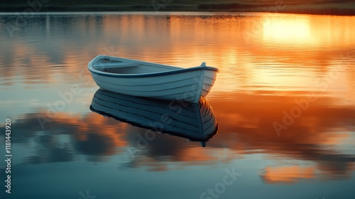 Calm waters reflect a solitary boat at sunset near a serene lake