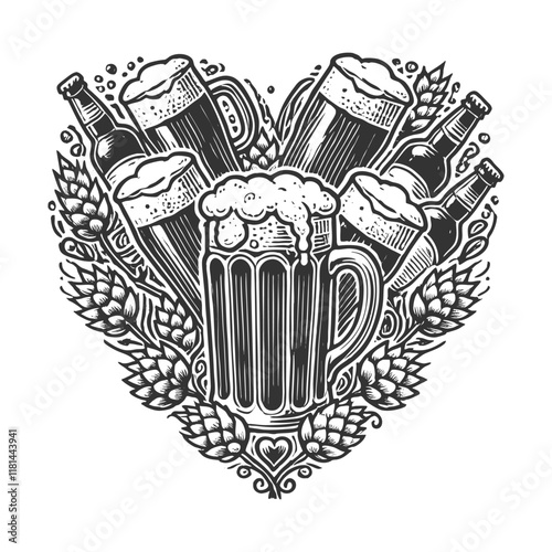 beer mugs, bottles, and hops arranged in a heart shape, symbolizing love for craft beer sketch engraving generative ai vector illustration. Scratch board imitation. Black and white image.