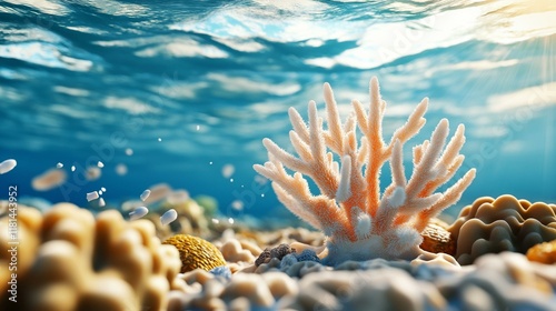 Vibrant coral reef thriving beneath crystal clear waters, showcasing marine life in a stunning underwater ecosystem. photo