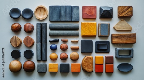 Variety of geometric shapes made from different materials arranged on a flat ...