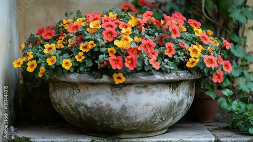 Vibrant display of orange and yellow flowers in a garden pot during autumn