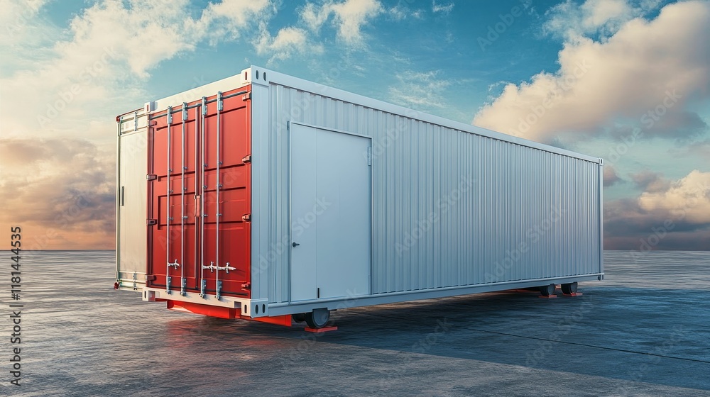 Obraz premium Large metal shipping container, wheeled, outdoors, sunset.