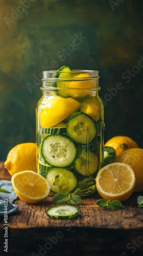 Fresh cucumber and lemon slices preserved in a jar on a wooden surface outside