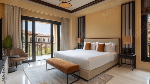 Modern hotel room with balcony overlooking tropical landscape during the day