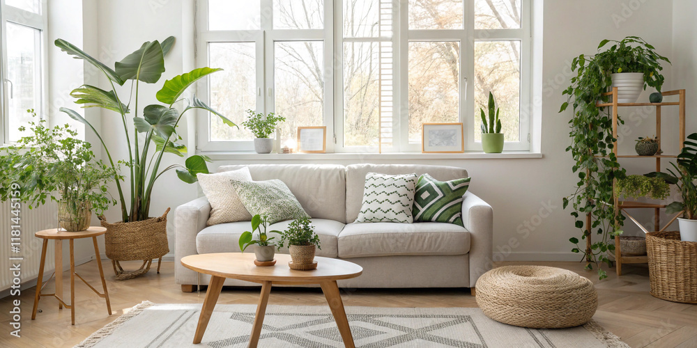 Fototapeta premium Inviting Bright Living Room Featuring a Sofa, Table, and Houseplants for a Cozy Feel