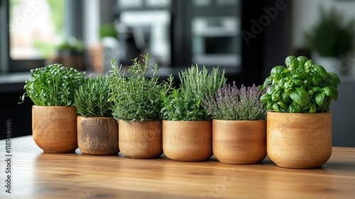 Fresh herbs in decorative pots on a wooden kitchen table with natural light