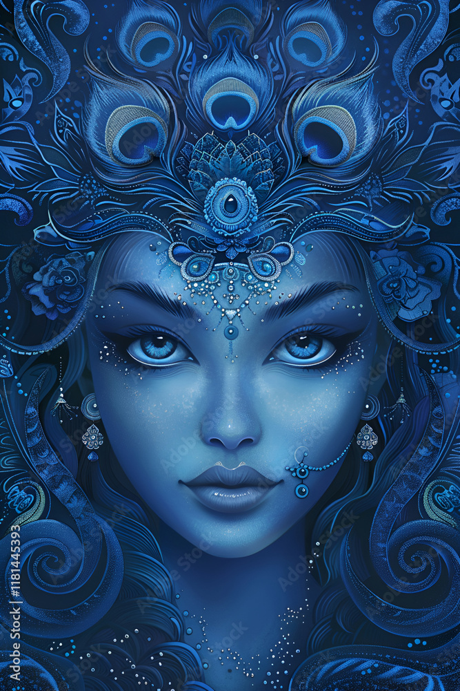 Elegant depiction of an Indian goddess with peacock-inspired detailing in shades of blue Elegant depiction of an Indian goddess with peacock-inspired detailing in shades of blue