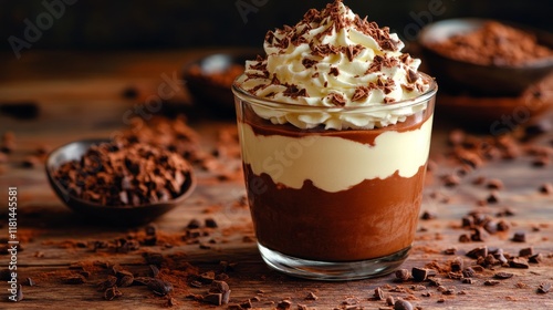 Delicious chocolate dessert served in a clear glass with whipped cream toppin...