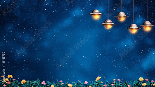 whimsical alien themed backdrop featuring glowing lanterns and colorful flowers against starry night sky. Perfect for creative projects and imaginative settings photo