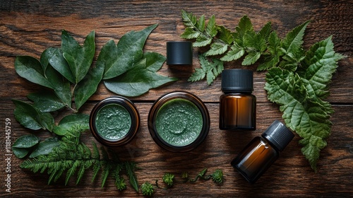 Essential oils and herbs arranged beautifully on a wooden table with natural ...