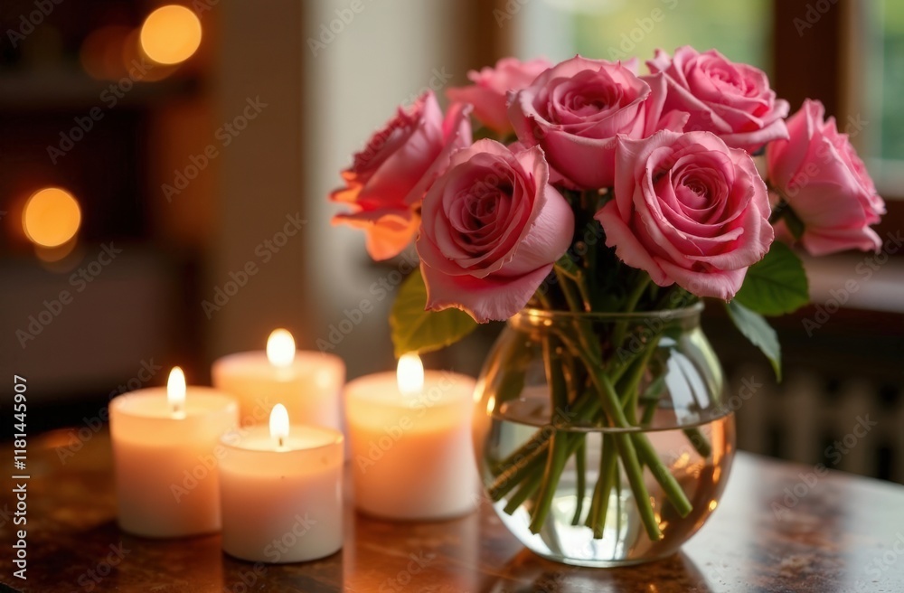 Obraz premium Graceful pink roses and candles, romantic setting, enhancing a cozy atmosphere, warm glowing light