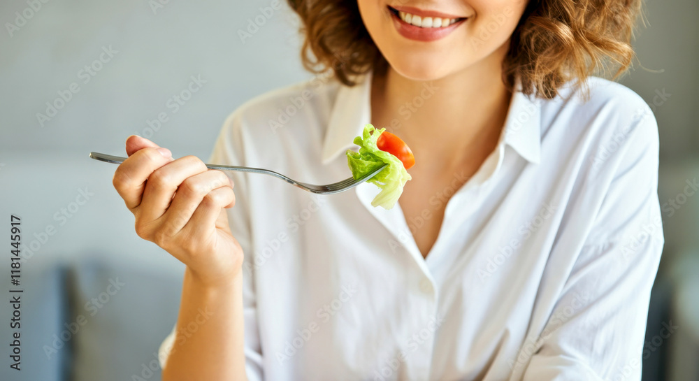 Smiling Woman Eating Fresh Salad at Home for Healthy Lifestyle Inspiration Smiling Woman Eating Fresh Salad at Home for Healthy Lifestyle Inspiration