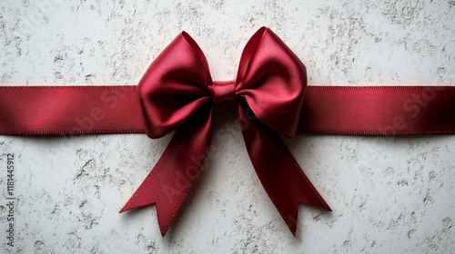 Elegant red ribbon bow on textured surface ready for gift wrapping and celebr...
