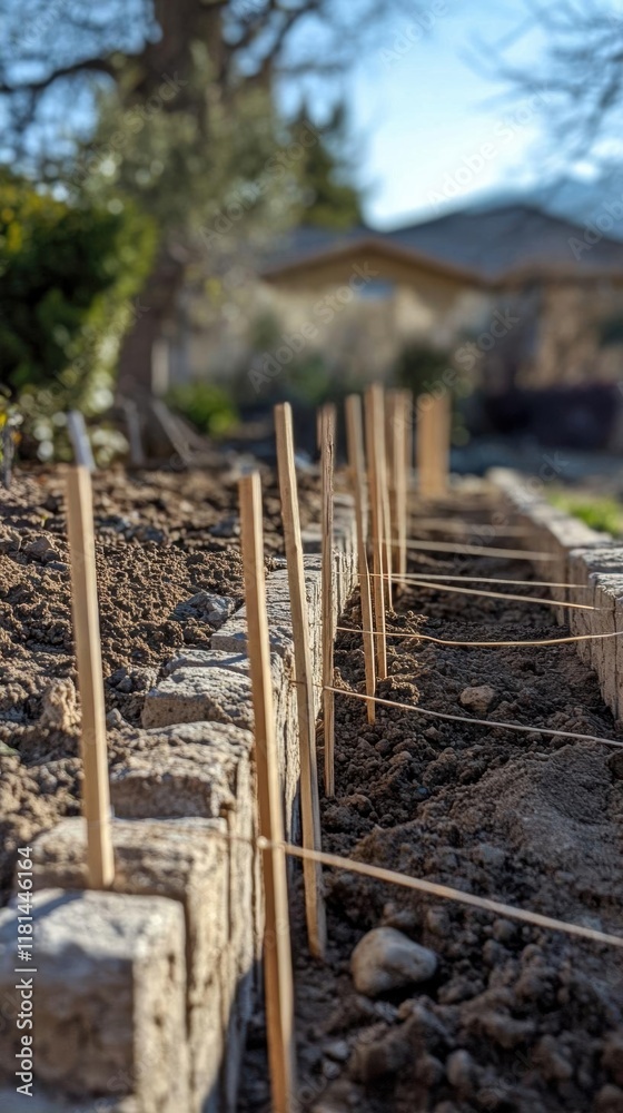 Ground Preparation for Landscaping with Wooden Stakes and String Lines Ground Preparation for Landscaping with Wooden Stakes and String Lines