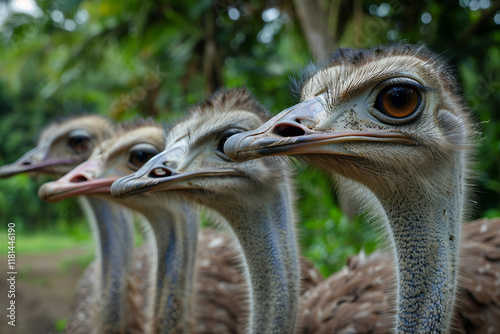 Generated AI image of friendly ostrich on rural farm photo