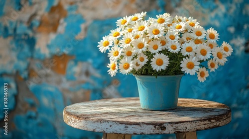 Beautiful daisies blooming in a rustic pot on a wooden table during a gentle ...
