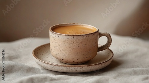 Simple white cup on saucer against a soft pastel background showcasing minima...