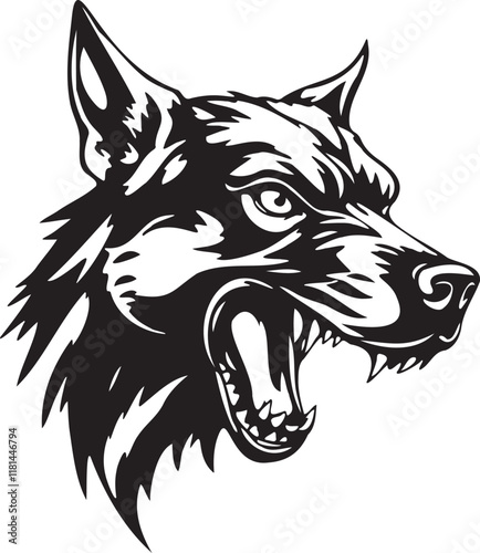 A Black and White Vector Illustration of an Aggressive Dog. Adobe Illustrator Artwork