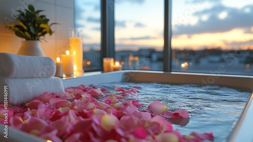 Relaxing bath setup with rose petals and candle in a serene countryside setting