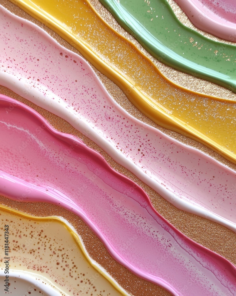 Obraz premium Abstract Gold Glitter Texture with Pastel Pink Yellow and Green Fluid Acrylic Paint Swirls