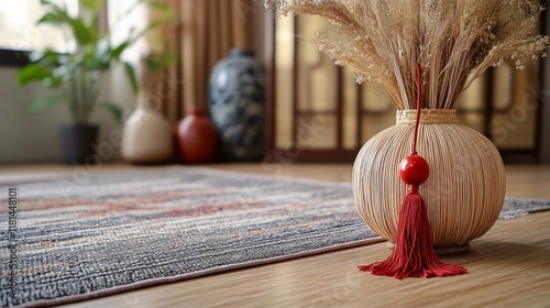 Red tassel hanging from wooden surface creating a rustic and elegant detail