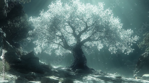 Illuminated tree surrounded by mist in a serene forest atmosphere at dusk