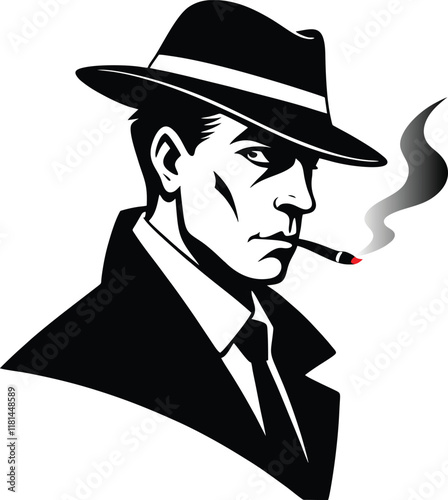 Mafia boss with a smoking cigar silhouette isolated on white background. Boss sign vector illustration design