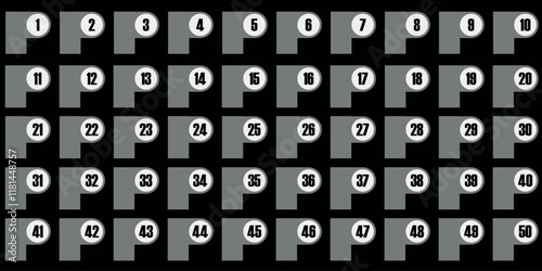 Numbers, 1 to 50 circles with black and white gray cornered squares