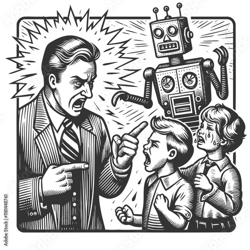 father angrily confronting a robot, while two distressed children stand nearby, creating scene of tension and family conflict sketch engraving generative ai vector illustration. Black and white image