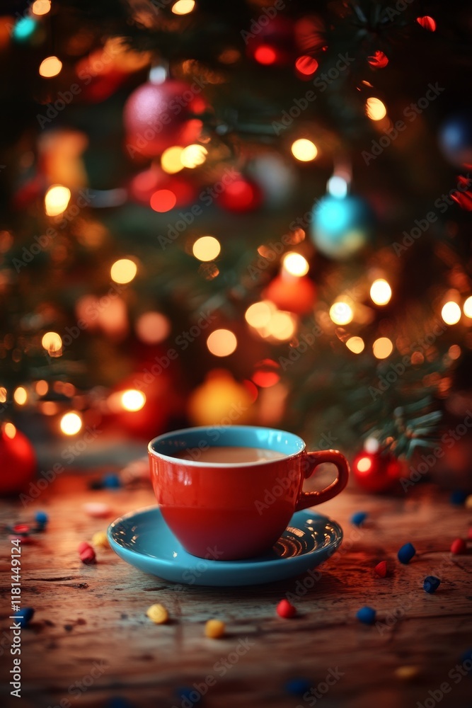 Fototapeta premium Festive Cheer Cozy Red Coffee Cup on Table with Holiday Lights and Ornaments Blurred in Background